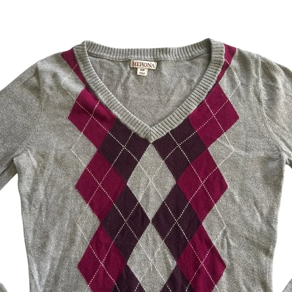 Argyle Plaid Burgundy Grey Preppy Cotton Long Sleeve Sweater Size Small